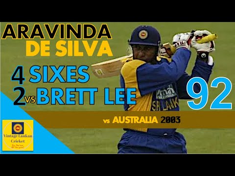 Counter-attacking Aravinda De Silva 92 with 2 massive 6s vs Brett Lee 4x9 6x4