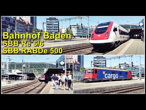 SBB Re 6/6 und SBB RABDe 500 (ICN) beim Bahnhof Baden, Kanton Aargau, Schweiz 2022