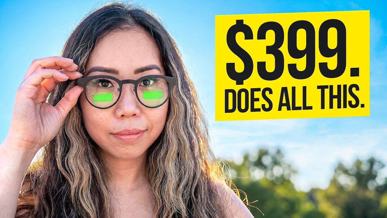 A person wearing MemoMind One glasses with green micro-LED text visible in both lenses