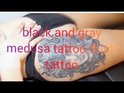 Black and gray medusa tattoo thigh tattoo