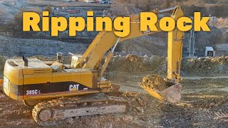 Cat 385 Excavator Stripping Limestone Overburden