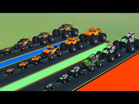 BeamNG 15 Big & Small Monster Trucks Racing and Jumping Through Giant Portal