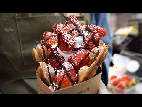 Waffle estilo Hong Kong - comida de rua coreana - 홍콩 달걀빵, 홍콩와플, Wafel, 딸기 morango