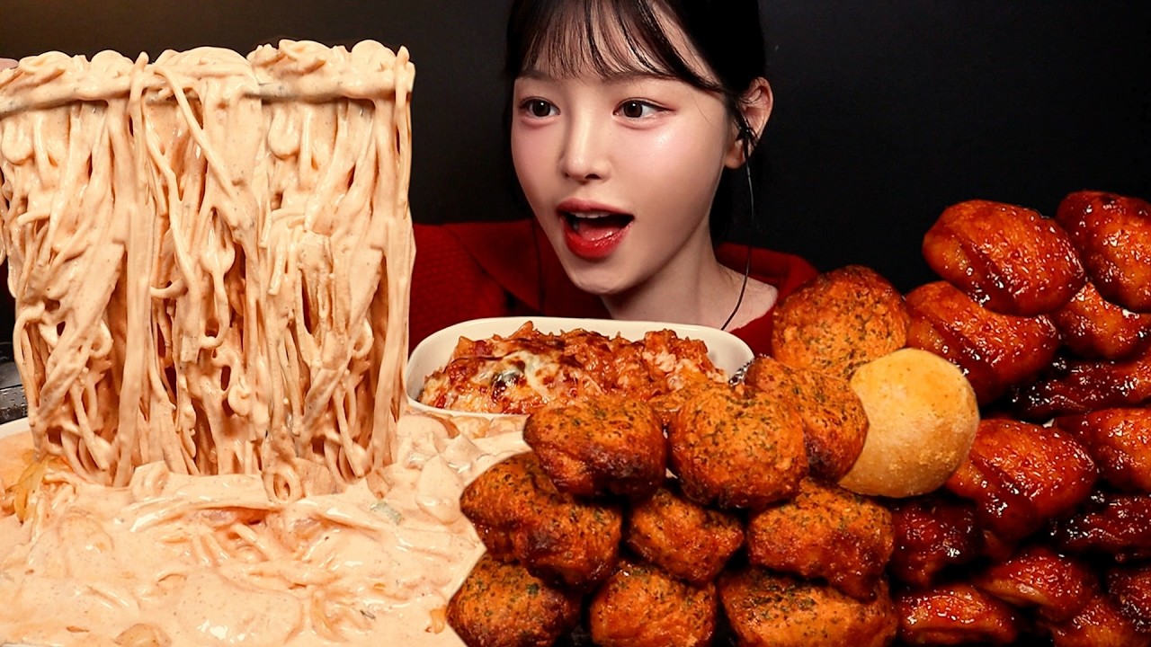 SUB)원픽 조합! 매콤 크림파스타에 굽네 고추바사삭 볼케이노치킨🍗김치도리아까지 최애 메뉴 순삭했어?