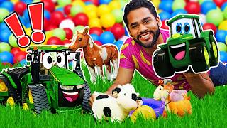 Trator verde de brinquedo leva os animais de pelúcia para a fazenda!