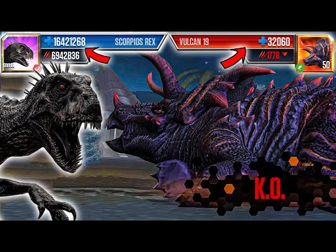 SCORPIOS REX LEVEL 999 vs VULCAN 19 LEVEL 50 | Jurassic World: The Game