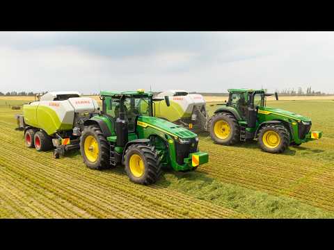 2X John Deere 8R Tractors Baling Grass Silage