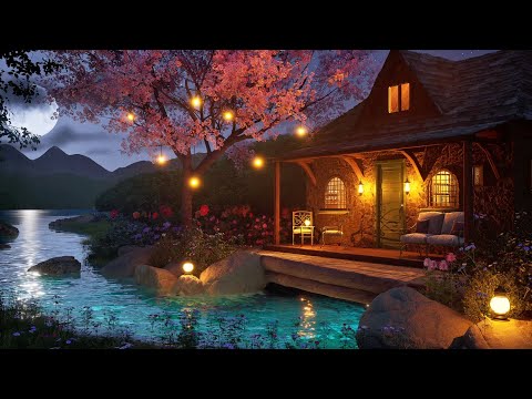 Cozy Cottage by the River: Relaxing Stream and Night Sounds - Relaxing Ambience Video 🌙🏡🌳