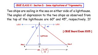 Two ships are sailing in the sea on either side of a lighthouse. The angles of depression to the