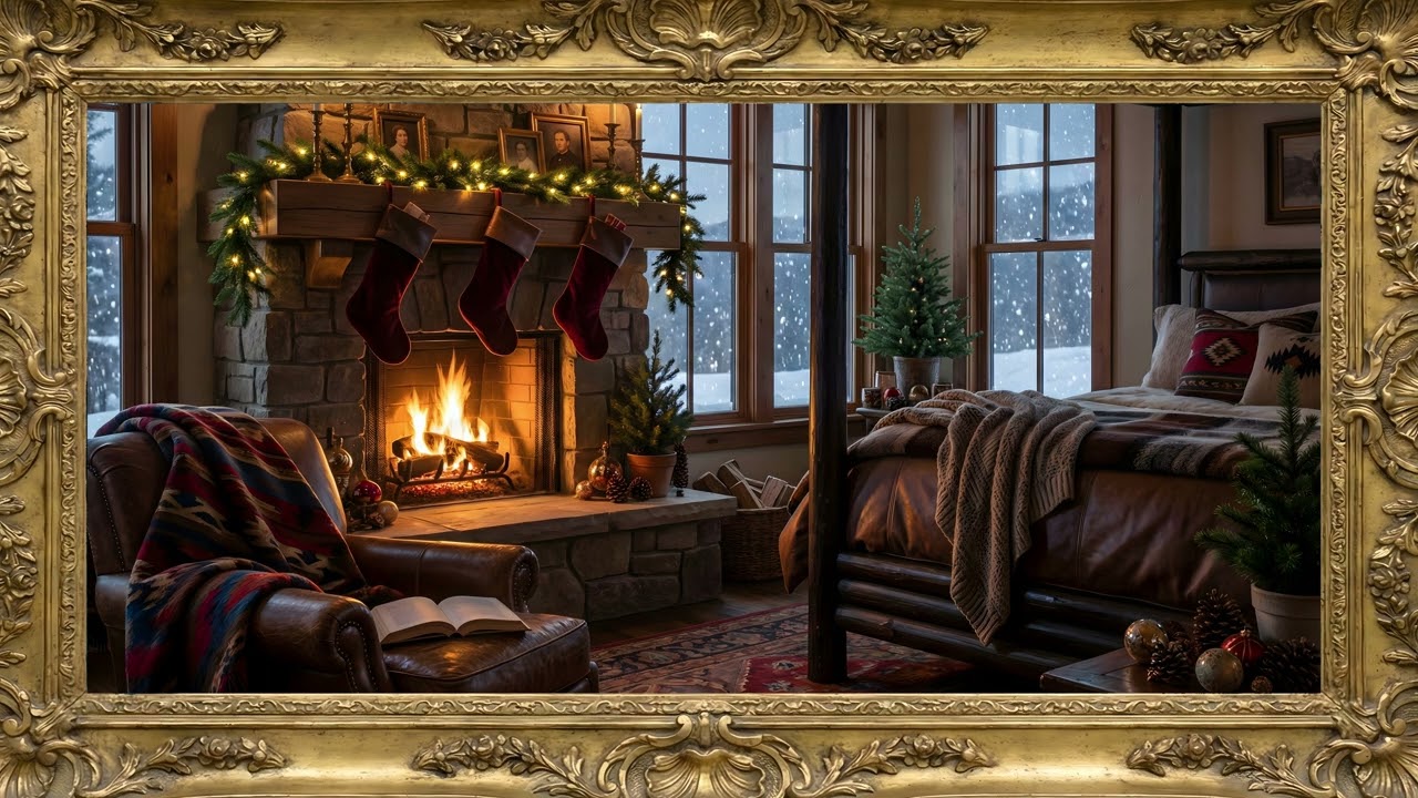 Cozy Christmas Bedroom Fireplace Snowy View Gold Frame TV Art | 2 Hours 4K — 4K ambient art screensaver in baroque gold frame