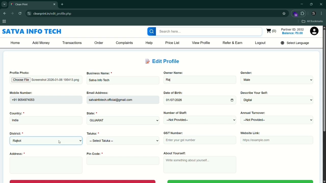 Profile Update On Cleanprint.in