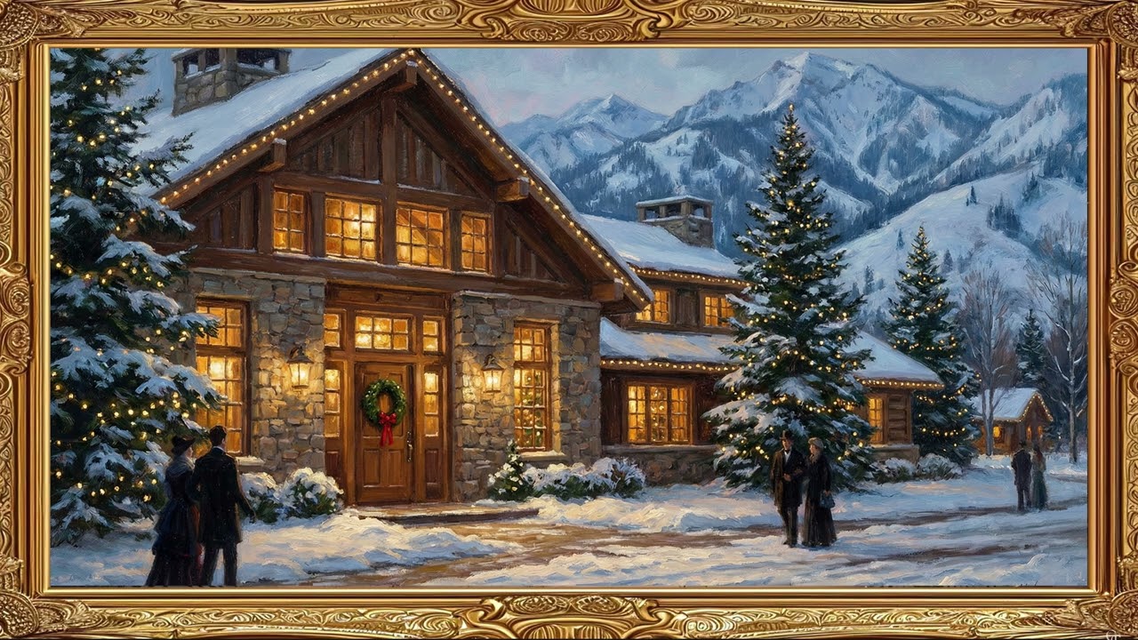 Christmas Mountain Lodge Resort Gold Frame TV Art Screensaver | 2 Hours 4K — 4K ambient art screensaver in baroque gold frame