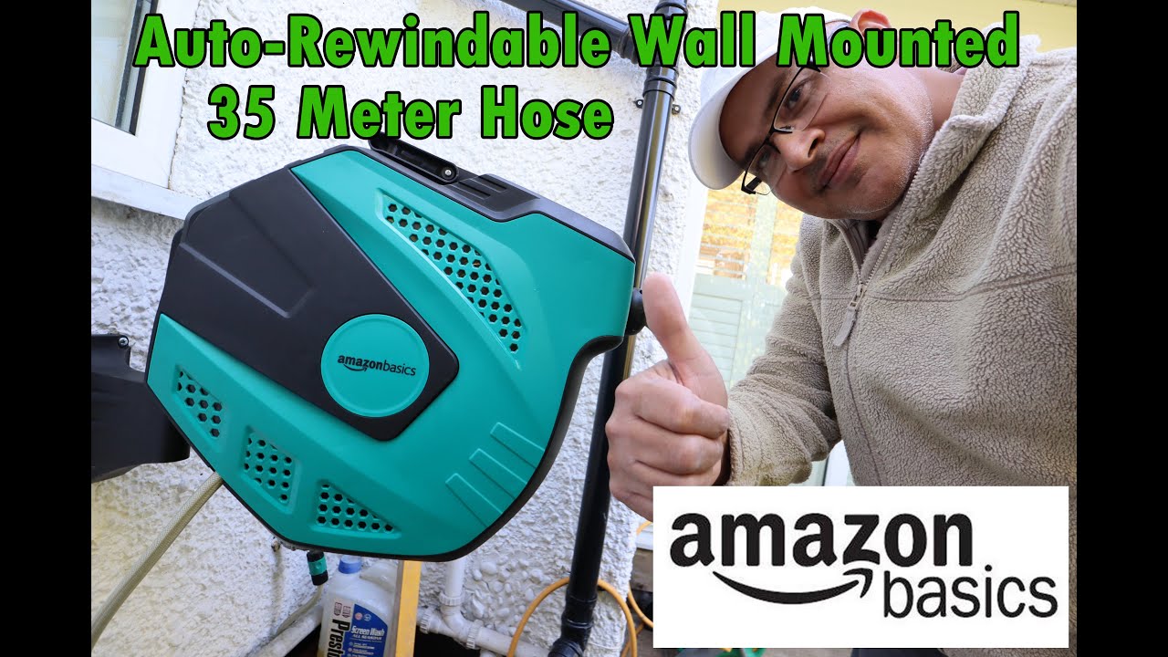 Amazon Basics Auto-Rewindable Wall-Mounted Reel with Hose, 35 Meters - Quick Install