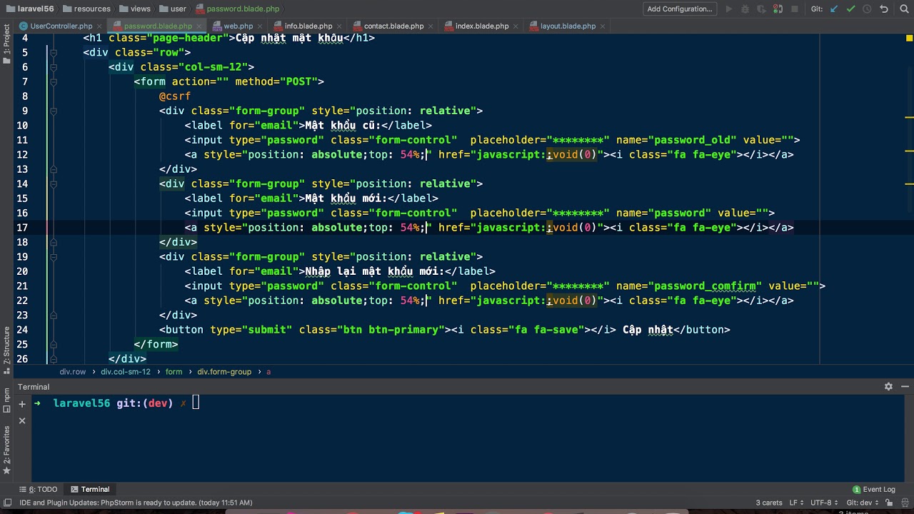 Bài 65-1 - Form thay đổi mật khẩu - Website bán hàng laravel