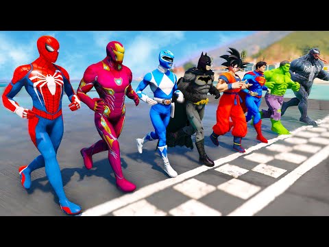 SpiderMan With Superheroes RUNNING Competition Challenge ! Marvel Heroes Cars Ramp Racing - GTA 5