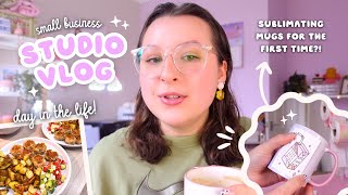 SMALL BUSINESS STUDIO VLOG 🎀 day in the life: sublimating mugs for the first time & packing orders 📦