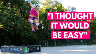 ROLLER SKATE TRICKS VS. BEGINNER Roller Skater (Learning Jumps in MOXI BEACH BUNNY SKATES) Vlog 44