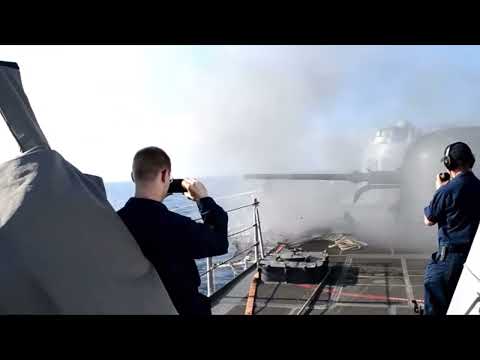 76 mm Oto Melara Cannon Fires 7 rounds on the USS Halyburton FFG 40