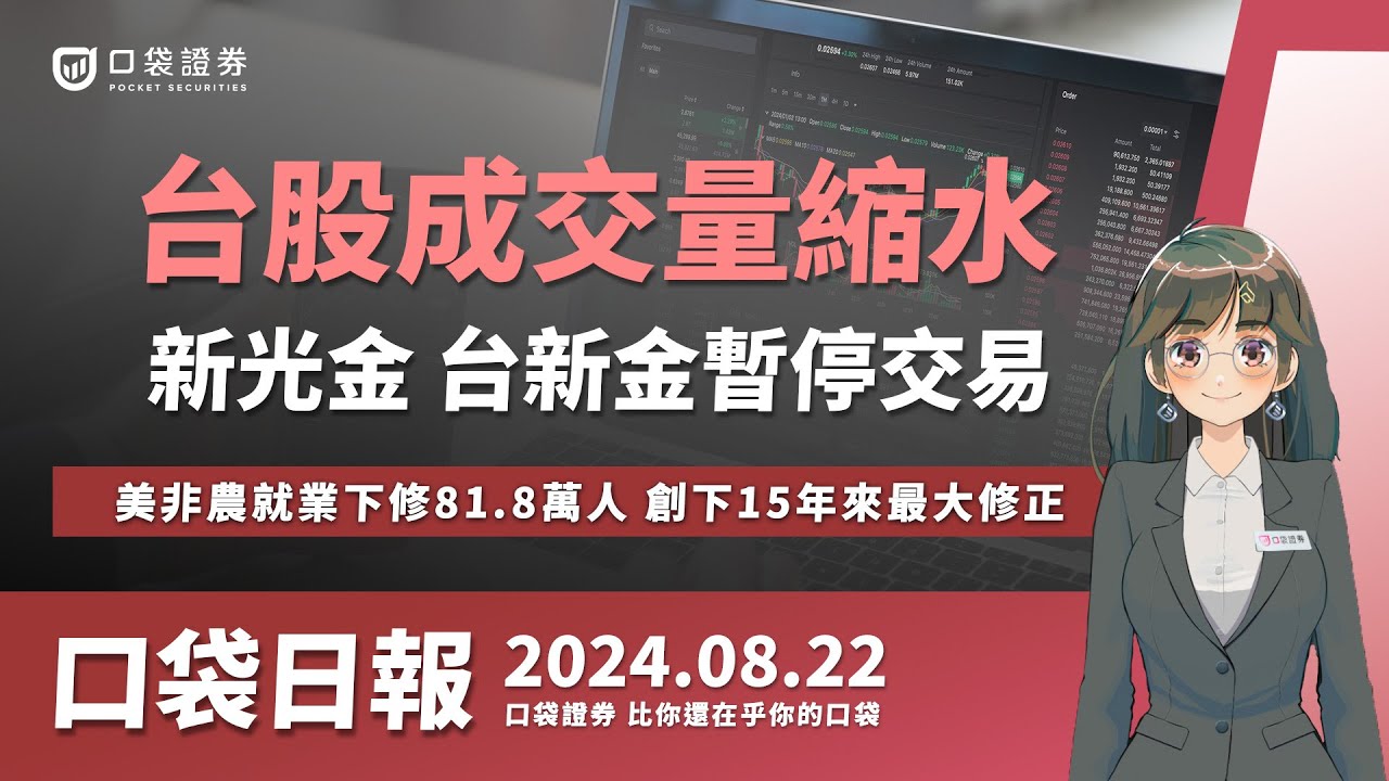 【口袋日報】新光金、台新金22日暫停交易,台股成交量創8個月來新低,美國非農就業下修81.8萬人,創下15年來最大修正!2024.08.22