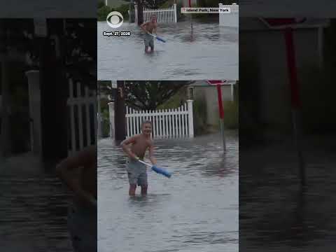 Kids in Island Park, New York, have water gun fight in flooded streets #shorts