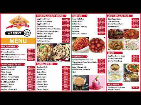 Paradise Biryani Pointe Dublin Menu