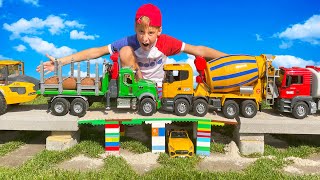 Alex Builds a Bridge from Blocks with Excavator and Tractor Power Wheels Funny story about cars toy