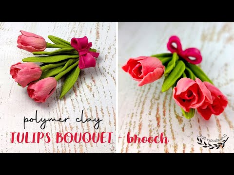 ~JustHandmade~ Polymer clay pink tulips bouquet - brooch - tutorial / spring flowers / DIY