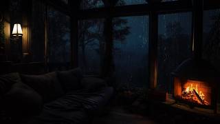Rainfall on the Cabin Window | Warm Fireplace Ambience for Sleep, Relax and Focus