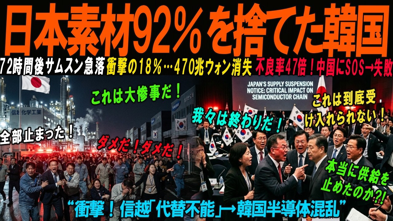 【海外の感動話】韓国「もう日本に振り回されない！」と歓喜、92％依存の日本素材を全廃へ…72時間後、サムスン株18％急落・470兆ウォン消失！中国1位企業すら「信越化学には及ばない」と断念…衝撃の結末