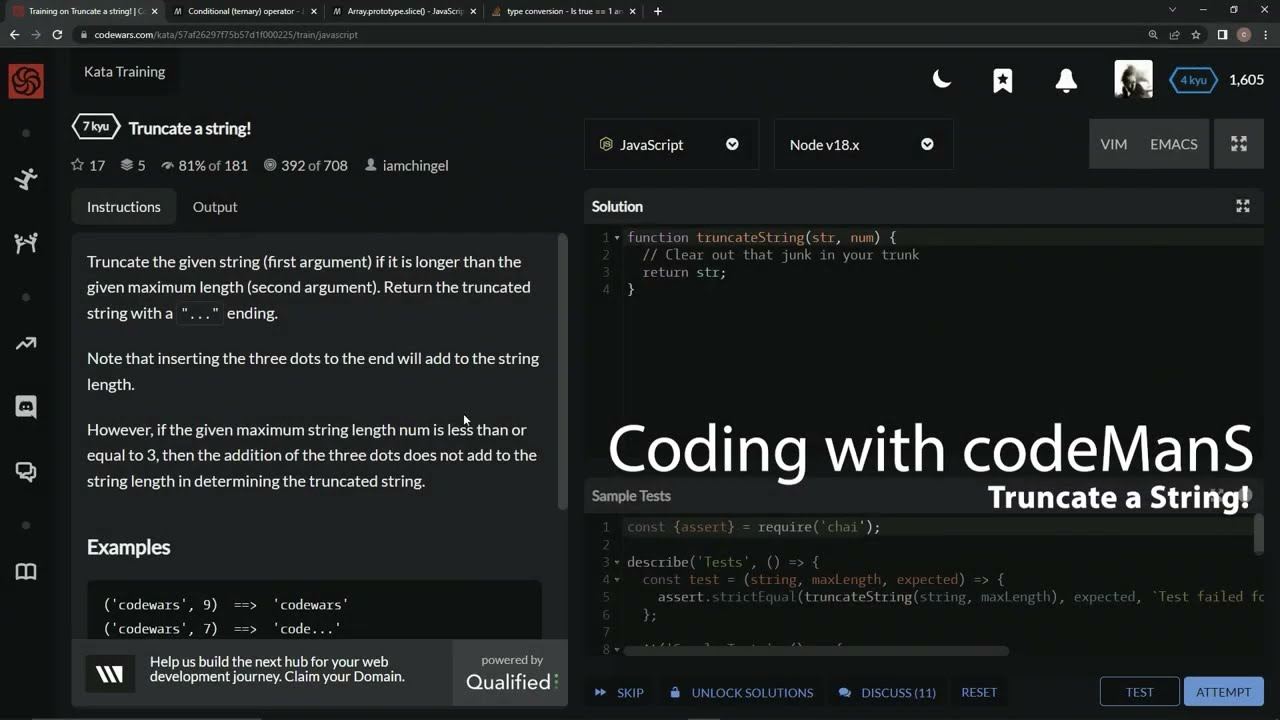 Codewars 7 kyu Truncate a String! Javascript