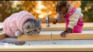 A Cat and a Monkey Build a Home Together