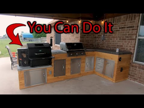 Easy Outdoor Kitchen DIY with Built in Weber Propane Grill,  GMG Daniel Boone, and Concrete Counters