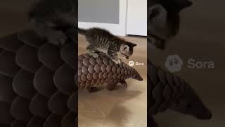 子猫、センザンコウに乗る(sora2生成動画) #kitten #cute #animals