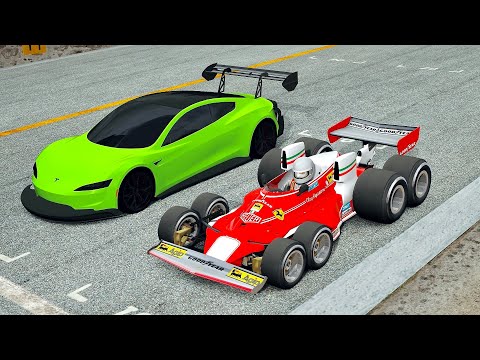 Tesla Roadster GTR vs Ferrari F1 8 Wheels 1976 at Mugello