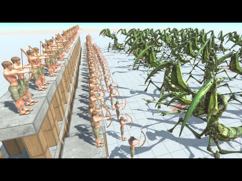 100 Archers on Wood Tower vs 50 Reptiles and Giant Invertebrates Army Animal Revolt Battle Simulator