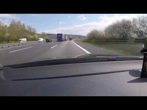 Driving with caravan in Kassel, Germany, Autobahn A7