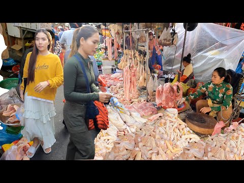Cambodian Food Market Scenes In Morning - People Life In Market & Massive Food Supplies