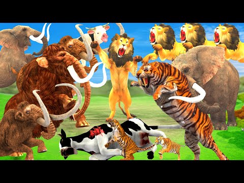 10 Lion Vs 10 Mammoth Elephant Fight Giant Tiger Chase Cow Cartoon Big Bull Saved by Woolly Mammoth