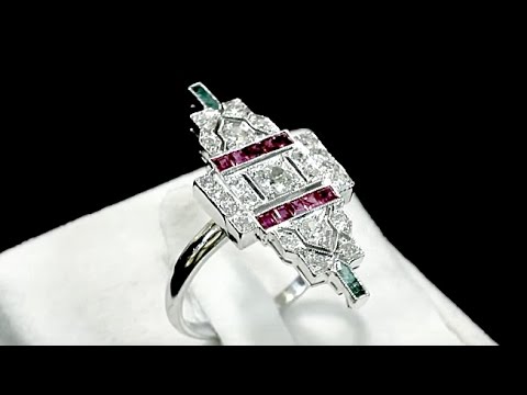 1.38 ct Diamond, Ruby and Emerald White Gold Art Deco Dress Ring - AC Silver A5412