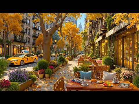 Cozy Coffee Shop in New York City – Autumn Charm with Golden Trees & Smooth Jazz
