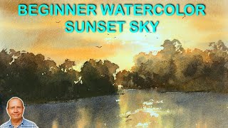 Easy beginner watercolor sunset sky over water lesson.Painting with a limited palette 5 watercolours