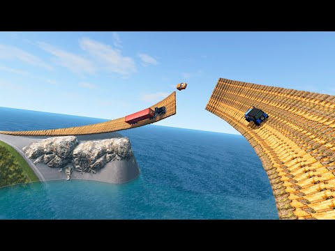 Cars Flying over Impossible Loop Bridge - Container Truck Car vs Deep Abyss Mountain - BeamNG.Drive