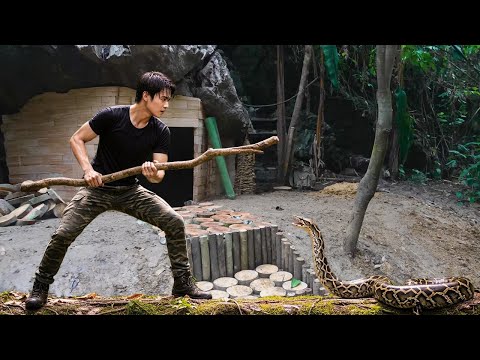 30 Days Solo Survival in Rain – Building a Warm Jungle Hut with Outdoor Grill and Natural Materials