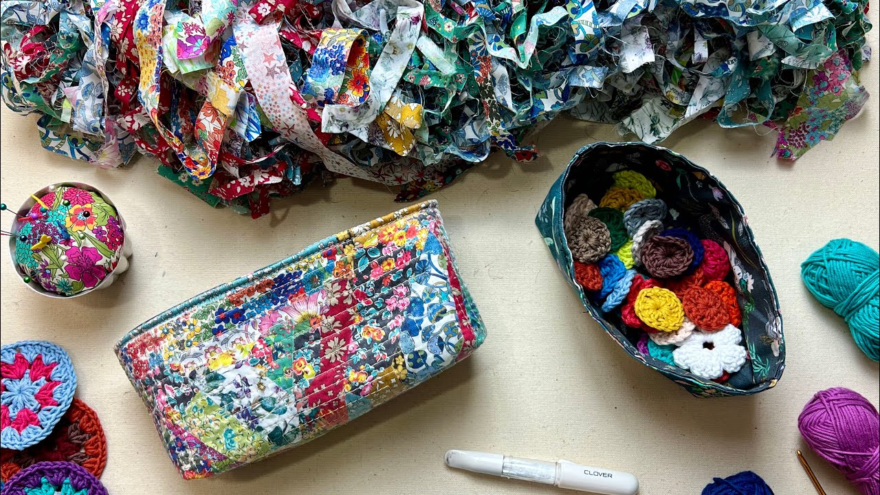 Textile Scraps Made into Beautiful Artsy Fabric, Upcycled Liberty of London Basket #Crazy Quilting