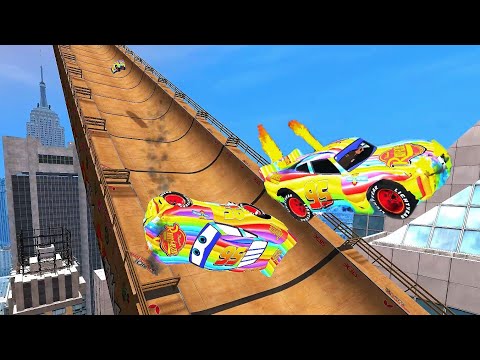 GTA 4🌈 Rainbow Lightning McQueen Mega Car Jumps Testing Ep. 2 - Who Can Survive? GTA IV