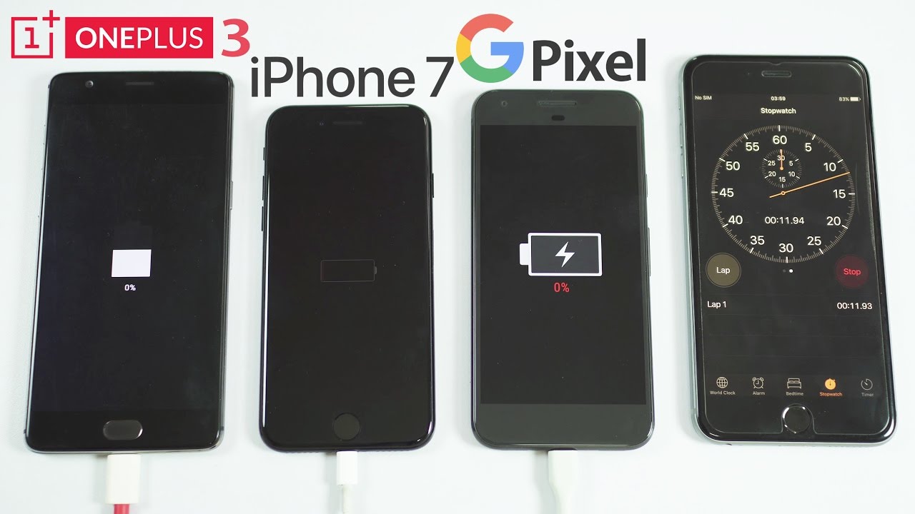 Google Pixel vs iPhone 7 vs OnePlus 3 - Battery Charging Speed Test!