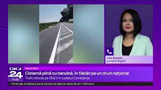 Accident grav pe DN2A. O cisternă cu benzină a luat foc după impactul cu un buldoexcavator