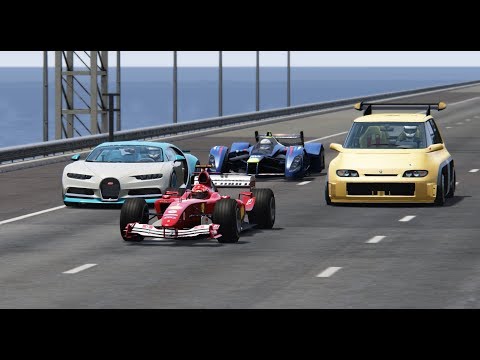 Ferrari F1 2004 vs Renault Espace F1 vs Red Bull X2010 vs Bugatti Chiron - Drag RACE