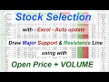 Stock Selection Using Excel with Auto Update || Support & Resistance using with Open price + Volume