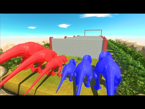 Different Size Red Tyrannosaurus vs Blue Triceratops Clash Block Race　Animal Revolt Battle Simulator
